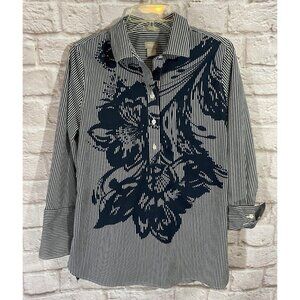 CHICOS 1 8/10 No Iron Cotton Blend Navy Floral Striped Tunic Top Blouse EUC 9865